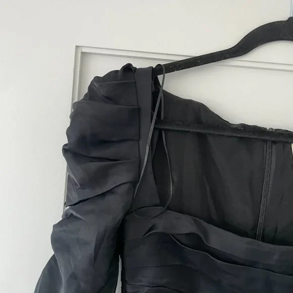 Khaite Shawna Ruched Satin Crepe Midi Dress Black High Slit Square Neckline - Picture 8 of 15